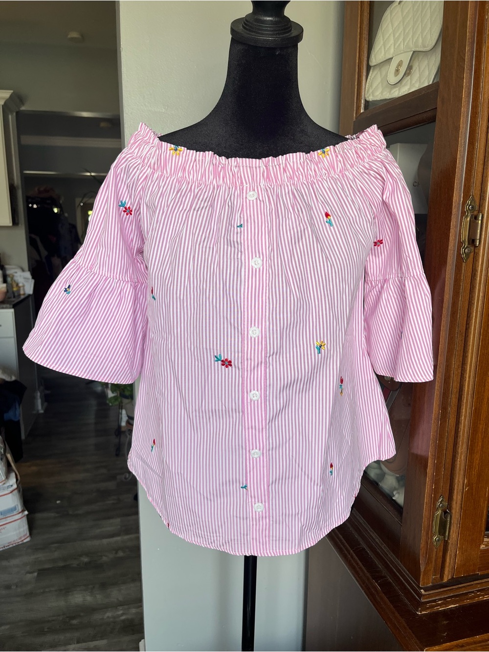 Pink Striped Off-Shoulder Embroidered Button Blouse